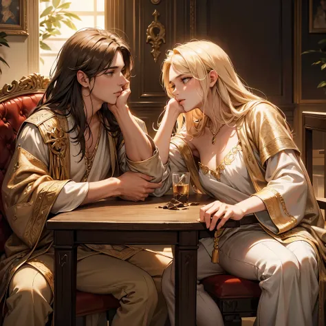 a detailed portrait of alexander the great and hephaestion, 1 alexander the great and 1 hephaestion, alexander the great sitting at a table, hephaestion sitting next to alexander, alexander putting a chocolate in hephaestions mouth, alexander and hephaesti...
