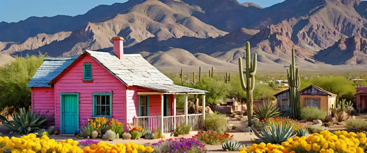 masterpiece, (photo), ((realistic)), close up, small cottage, lived in but run down, painted in bright colors, wild west architecture, desert mountains in background, ((American desert southwest)), garden in yard, vegetables, flowers, herbs, (well)