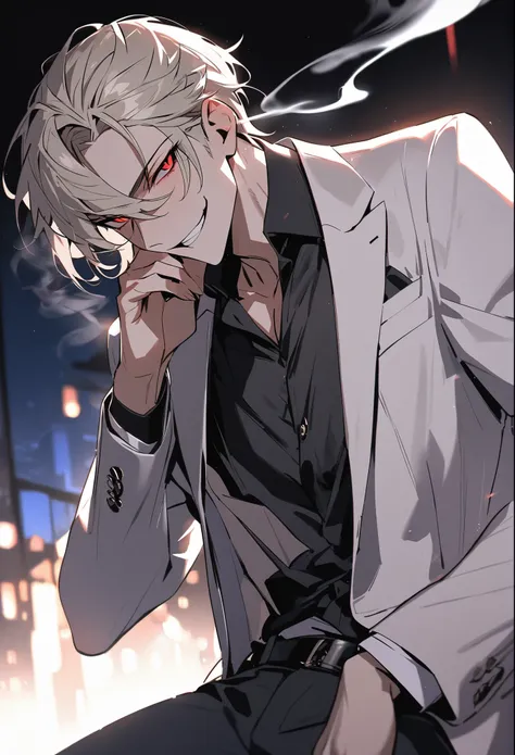 Beautiful, one, 1 man, Platinum blonde, red eyes, black shirt,  suit, smoking, night, black light, High quality, decadent, sexy,  deceptive smile, Eye smile, A neat 