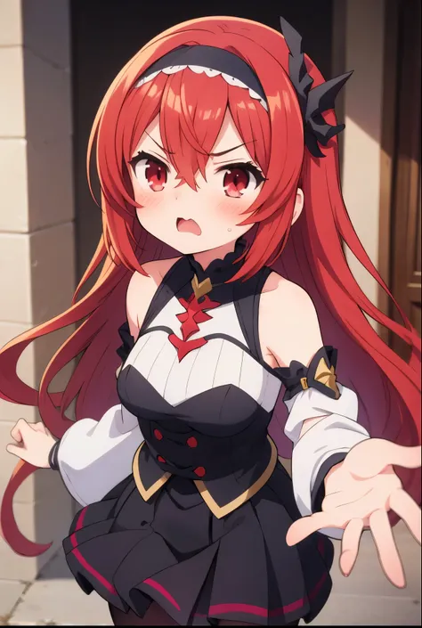 eris greyrat, Mushoku Tensei, 1girl, solo, long hair, red eyes, red hair, bare shoulders,hairband,blush, bangs, hair between eyes, hair flaps, black skirt, crossed bangs, white shirt, shouting,angry, fantasy lakeside,