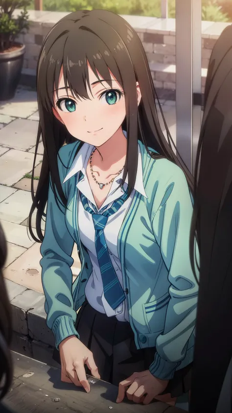 (masterpiece、Highest quality、In 8K、High resolution:1.2)、alone, One girl, Rin Shibuya、smile、 school uniform、 cardigan, tie, necklace, View your viewers、Cowboy Shot