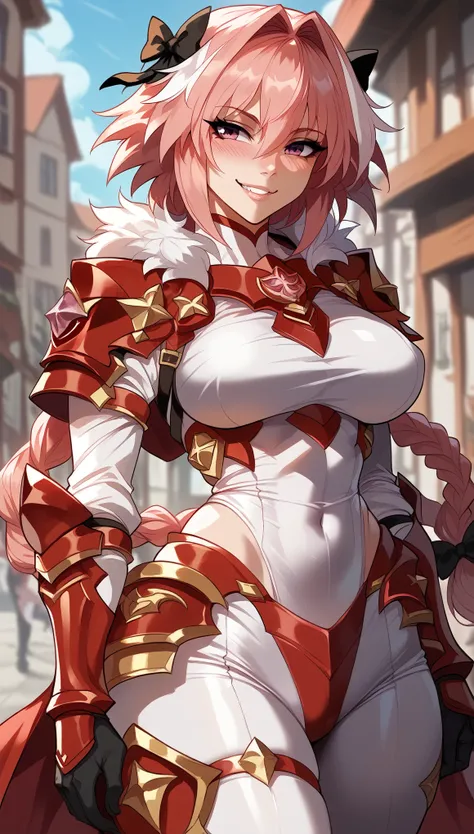 Fate Grand Order Apocrypha、astolfo、light pink hair、shiny hair、Armor、( BIG BREASTS), tight waist、thin waist、shiny skin、Beleza、erotic、smile、blushed,