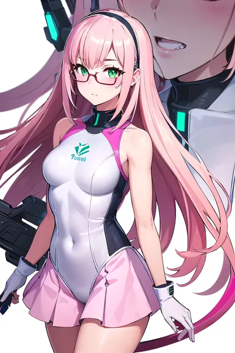 1girl,Samus aran,solo,green eyes, pink hair, forehead   hair, white leotard, pink fluffy tail, pink ear headband, short white fluffy skirt.,cowboy shot,blush,,Science fiction,ultra-detailed,sharp focus,aesthetic,(best quality), white background, (ultra def...