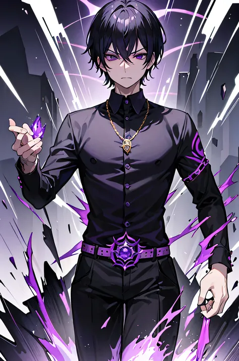 Overwhelming Boss 、Black Hair、Short Hair、((Purple Shirt))、Black suit、Overwhelming Presence 、Evil charisma、Purple Aura、male、Tattoo、Ruler、 Mafia boss 、Alone、Shining black eyes、like a crazy 、The embodiment of evil、 gold necklace、like a crazy 笑顔