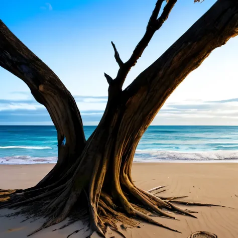 trees that have been washed up on the beach by the ocean, a picture by Richard Gruelle, flickr, land art, unfinished roots of white sand, incredibly beautiful, beach trees in the background, breath taking, breath taking beautiful, driftwood, enigmatic natu...