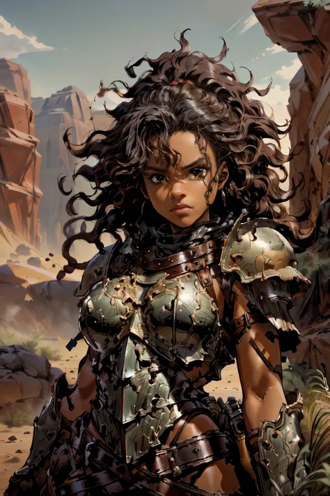 (Best quality, 4k, 8K, high resolution, masterpiece: 1.2), petite black girl, barbarian with curly hair, (leather armor) gun, desert background, wild environment, sharp focus, nature, action pose, confident expression, natural texture,