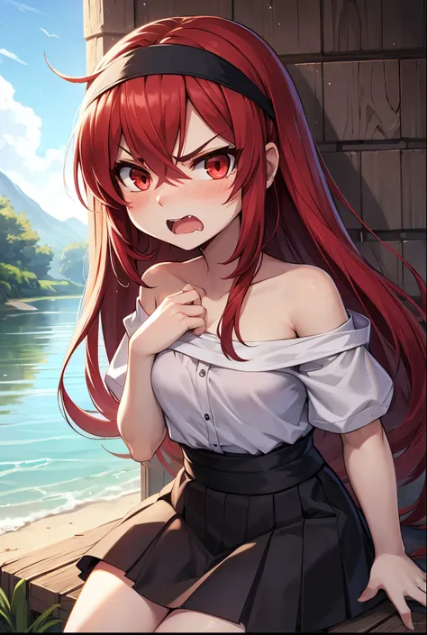 eris greyrat, Mushoku Tensei, 1girl, solo, long hair, red eyes, red hair, bare shoulders,hairband,blush, bangs, hair between eyes, hair flaps, black skirt, crossed bangs, white shirt, shouting,angry, fantasy lakeside,