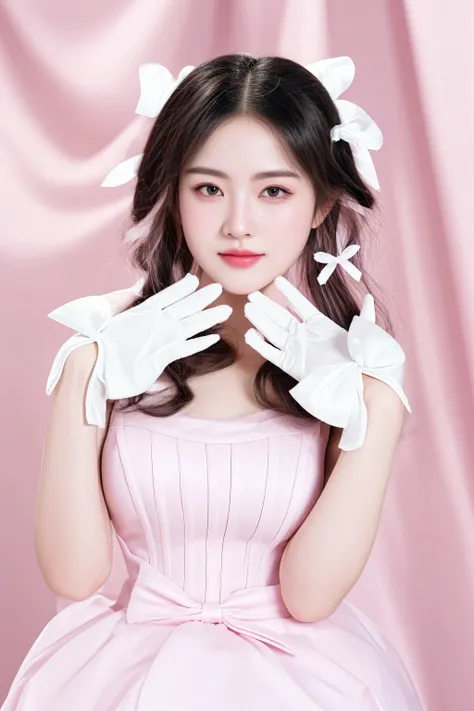 araffe woman in a pink dress and white gloves posing for a picture, twintails white_gloves, white satin gloves, white gloves, milky white skin, white long gloves, belle delphine, white elbow gloves, white and pink cloth, inspired by Huang Ji, pale milky wh...