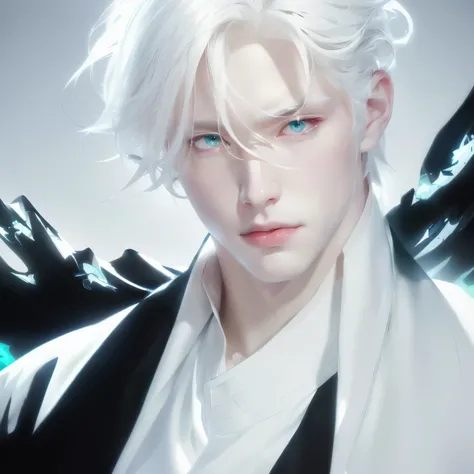  an albino white man , with white hair and green eyes,  handsome delicate face , Rose lips ,  in the art of demon slayer, Anime portrait of a handsome man, digital anime illustration, detailed digital anime art,  stunning anime face portrait