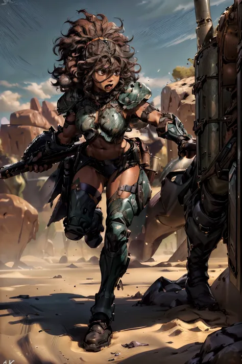 (Best quality, 4k, 8K, high resolution, masterpiece: 1.2), petite black girl, barbarian with curly hair, (sci-fi leather armor, full body) gun, desert background, wild environment, sharp focus, nature, action pose, confident expression, natural texture,