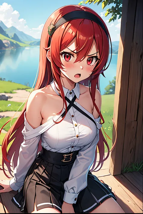 eris greyrat, Mushoku Tensei, 1girl, solo, long hair, red eyes, red hair, bare shoulders,hairband,blush, bangs, hair between eyes, hair flaps, black skirt, crossed bangs, white shirt, shouting,angry, fantasy lakeside,