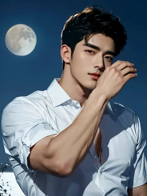 arafed man in white shirt holding his hand to his face, inspired by Adam Dario Keel, moon behind him, inspired by Zhang Han, handsome and attractive, handsome man, siwoo kim, handsome male, inspired by John Luke, handsome face and beautiful face, anime han...