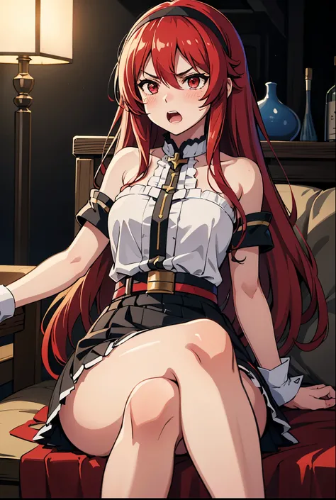 eris greyrat, Mushoku Tensei, 1girl, solo, long hair, red eyes, red hair, bare shoulders,hairband,blush, bangs, hair between eyes, hair flaps, black skirt, crossed bangs, white shirt, shouting,angry, fantasy lakeside,