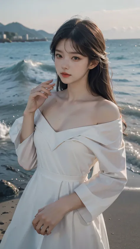 facing at camera，face to the viewer，standing on your feet，High picture quality，Works of masters，Daughter，Black hair，Long hair shawl，Long hair flowing over the shoulders，cropped shoulders，clavicle，exquisite face，Hydrated red lips，white off shoulder dress cl...