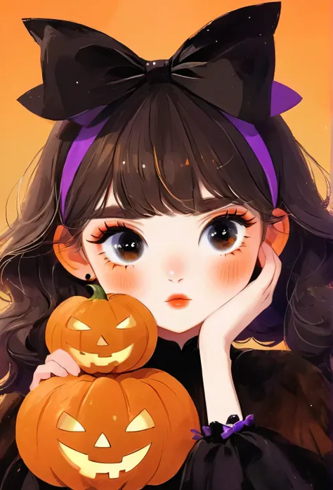 ( Halloween party )、( Halloween cosplay:1.2)、(Pointed hat)、Rough texture，Hand-drawn style： 1 girl,bangs,blunt bangs,bow, gradient background ,hair bow,Orange Background,Alone,Yellow background,yellow bow、jack o lantern background