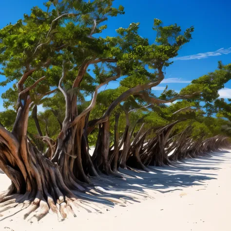 trees that have been washed up on the beach by the ocean, a picture by Richard Gruelle, flickr, land art, unfinished roots of white sand, incredibly beautiful, beach trees in the background, breath taking, breath taking beautiful, driftwood, enigmatic natu...