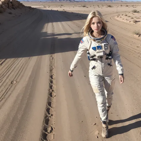  A beautiful woman, blonde, Young, perfect body, wearing a space suit glued to the body in silver color ,  walking on a dirt road in the desert on a beautiful sunny day