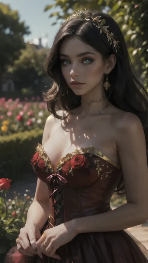 This is a realistic fantasy masterpiece set in an enchanted castle and rose garden. Create a delicate woman with a highly detailed face, dressed in the flowing folds of a stunning French silk ball gown. The womans sweet face is ((((highly detailed, with re...