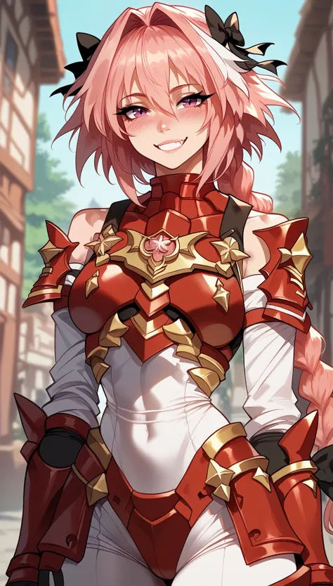 light pink hair、astolfo、shiny hair、Armor、 tight waist、thin waist、shiny skin、Beleza、erotic、smile、blushed,