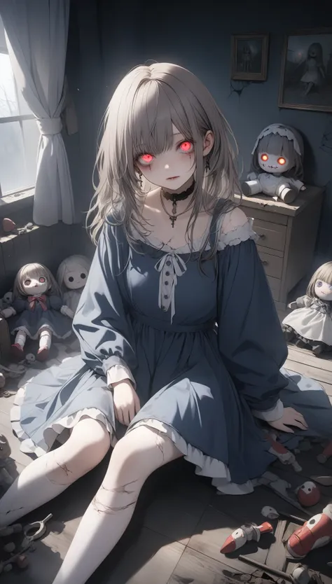 A girl with cracked porcelain skin, resembling a haunted doll, sitting in an old nursery with broken toys and tattered curtains. A girl with a nightmare-inspired appearance, surrounded by dark mist, her glowing eyes piercing through the shadows. (perfect a...