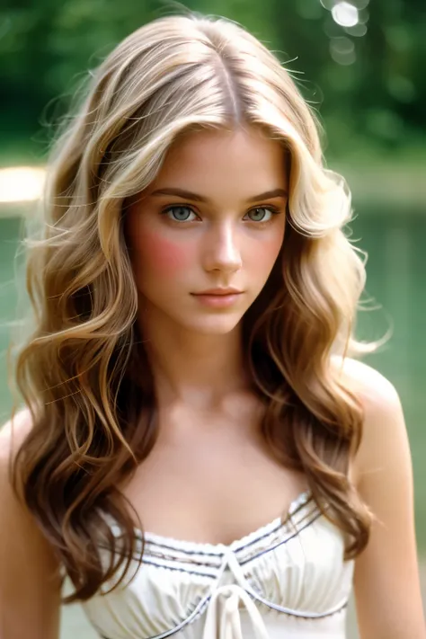 very beautiful girl, supermodel like feature, wavy Hair with highlights, 1970 style, pale skin, film analog, grainy film
