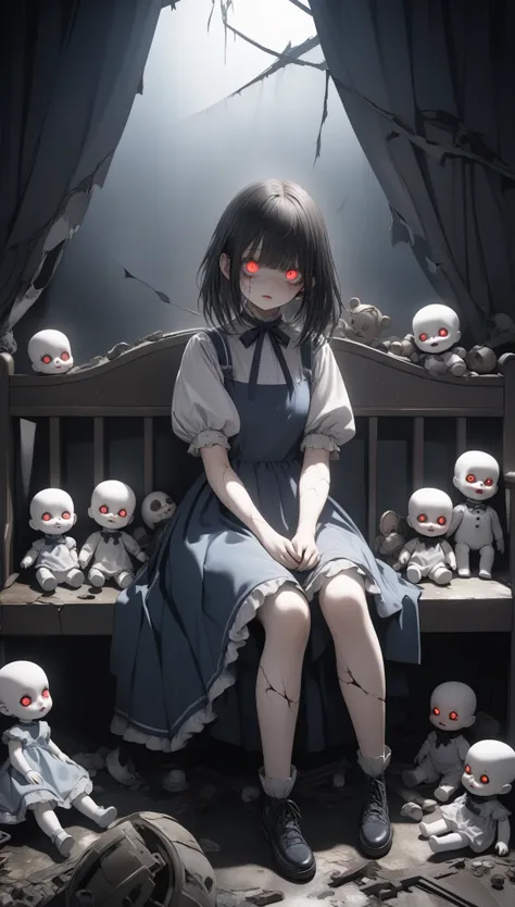 A girl with cracked porcelain skin, resembling a haunted doll, sitting in an old nursery with broken toys and tattered curtains. A girl with a nightmare-inspired appearance, surrounded by dark mist, her glowing eyes piercing through the shadows. (perfect a...