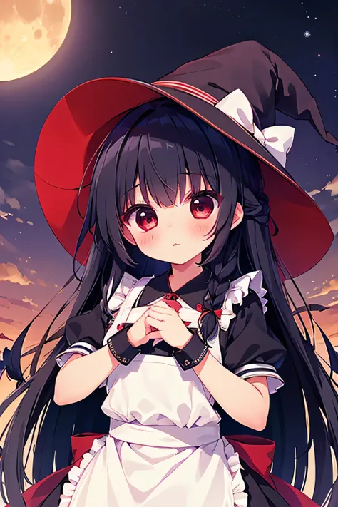 masterpiece, best quality, night,sky,moon,1girl, solo,red eye ,catch light, black hair, long hair, braid, witch hat,bow,wrist cuffs,short sleeves, apron