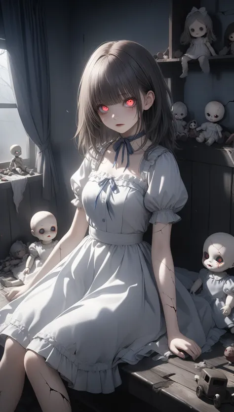 A girl with cracked porcelain skin, resembling a haunted doll, sitting in an old nursery with broken toys and tattered curtains. A girl with a nightmare-inspired appearance, surrounded by dark mist, her glowing eyes piercing through the shadows. (perfect a...