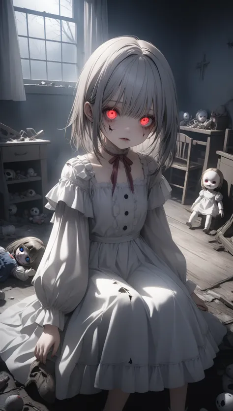 A girl with cracked porcelain skin, resembling a haunted doll, sitting in an old nursery with broken toys and tattered curtains. A girl with a nightmare-inspired appearance, surrounded by dark mist, her glowing eyes piercing through the shadows. (perfect a...