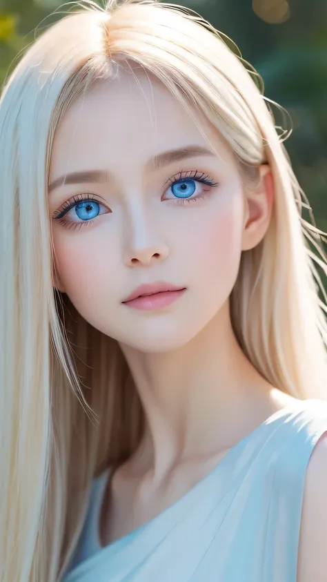 very beautiful face、long bangs fluttering in front of the face 、 beautiful pale light blue eyes hidden in hair 、 very cute face ...