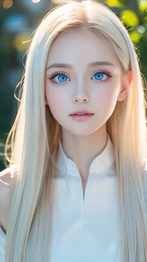 very beautiful face、long bangs fluttering in front of the face 、 beautiful ridiculously bright pale light blue eyes hidden in he...