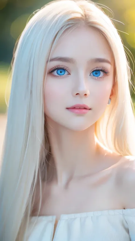 very beautiful face、long bangs fluttering in front of the face 、 beautiful ridiculously bright pale light blue eyes hidden in he...