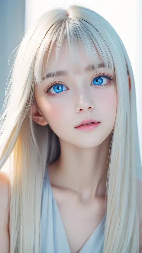 very beautiful face、long bangs fluttering in front of the face 、 beautiful ridiculously bright pale light blue eyes hidden in her hair 、 very cute face and very radiant skin 、Pure white beautiful skin、 very beautiful super bright pale light blue eyes 、 be...