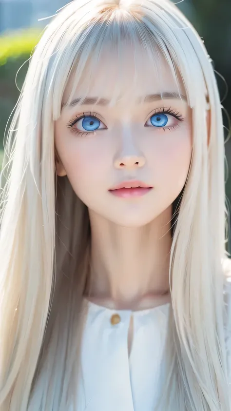very beautiful face、long bangs fluttering in front of the face 、Beautiful mysterious incredibly bright pale light blue eyes hidden in the hair 、 very cute face and very radiant skin 、Pure white beautiful skin、 very beautiful super bright pale light blue e...