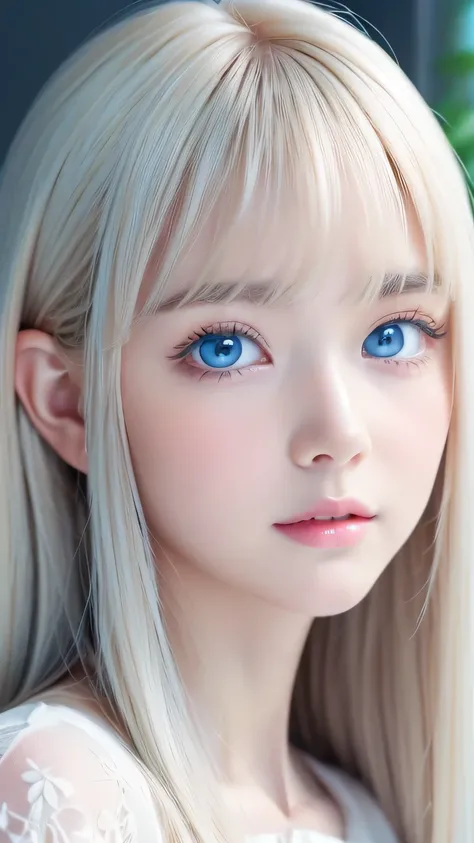 very beautiful face、long bangs fluttering in front of the face 、Beautiful mysterious incredibly bright pale light blue eyes hidden in the hair 、 very cute face and very radiant skin 、Pure white beautiful skin、 very beautiful super bright pale light blue e...