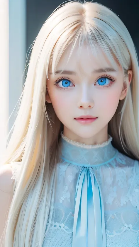 very beautiful face、long bangs fluttering in front of the face 、beautiful mysterious incredibly bright pale light blue eyes hidd...