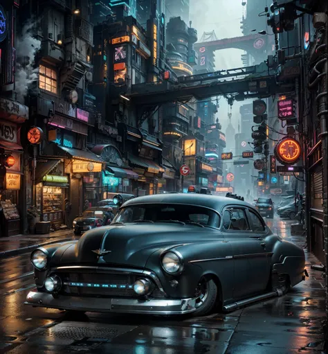 there is a black car Chevy 50 parked on the side of the road, futuristic dieselpunk street, stylized urban fantasy artwork, dieselpunk city, in cyberpunk city, cyberpunk street, china town blade runner, asy sci - fi city, futuristic street, cyberpunk car, ...