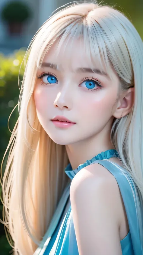 very beautiful face、long bangs fluttering in front of the face 、Beautiful mysterious incredibly bright pale light blue eyes hidden in the hair 、 very cute face and very radiant skin 、Pure white beautiful skin、 very beautiful super bright pale light blue e...
