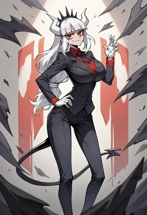 Masterpiece, Best quality, Masterpiece, Best quality, 1 woman , Lucifer (Helltaker) , Long white hair , Red eyes. , Sly face , Suit , กางเกงLong legs , Big Breasts , , abdomen , Long legs , Put your hands on your hips.. 