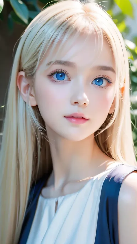 very beautiful face、long bangs fluttering in front of the face 、beautiful mysterious incredibly bright pale light blue eyes hidd...