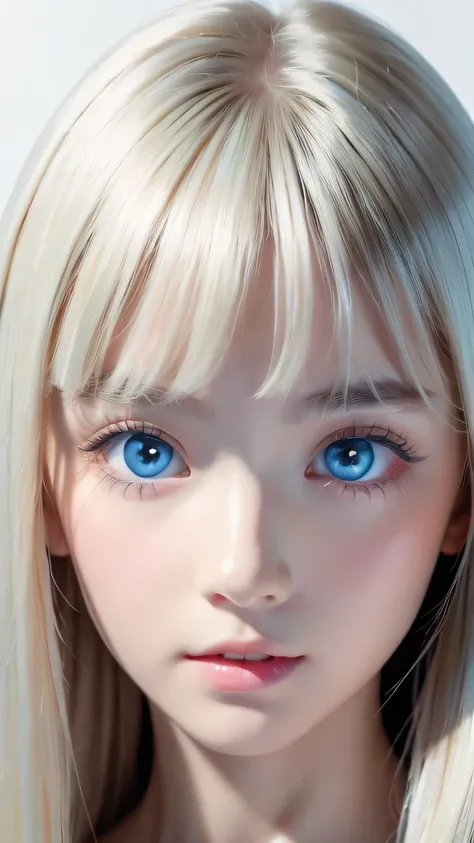 very beautiful face、long bangs fluttering in front of the face 、Beautiful mysterious incredibly bright pale light blue eyes hidden in the hair 、 very cute face and very radiant skin 、Pure white beautiful skin、 very beautiful super bright pale light blue e...