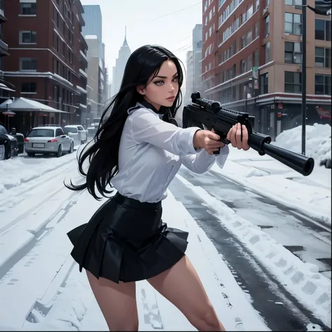 (Better lighting, high contrast, sharp details), (a person:1.2+female) gangster, Black suit and tie, (White shirt, black skirt:1.3), polished black shoes, standing, dynamic action pose, holding two guns, Beretta 92, flash, bullet casings, gun smoke, bullet...