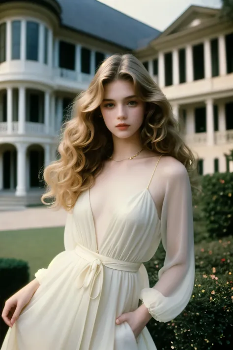 very beautiful dreamy girl, supermodel face, wavy Hair with highlights, 1991 quiet luxury fashion style, mansion background, pale skin, film analog, grainy film, prada