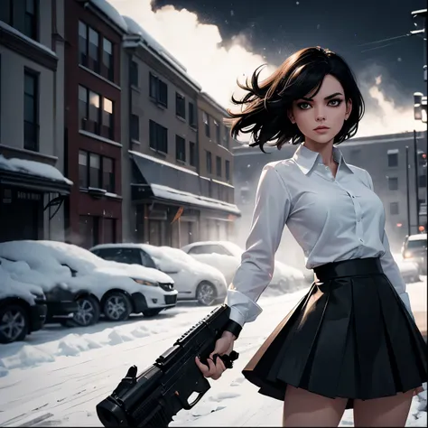 (Better lighting, high contrast, sharp details), (a person:1.2+female) shoulder length short black hair, pointed ears:1.2, Black skirt, (White shirt, black skirt:1.3), polished black shoes, standing, dynamic action pose, holding two guns, Beretta 92, flash...