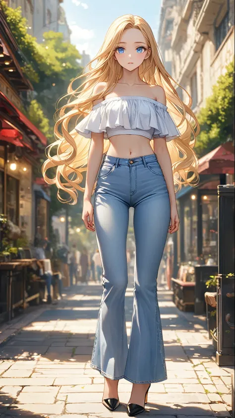 A youthful female with dazzling blue eyes and lovely very long blonde straight hair with perfect body:1.1 and medium breast. Her facial is casual and relaxed. She is wearing a (light blue flared jeans:1.5) and (white off-the-shoulder croptop:1.2) and black...