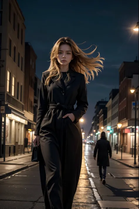 a deserted street,  illuminated only by light poles . A woman walking alone ,  her hair being slightly blown by the wind. In the background, A mysterious man, stopped,  with her intense gaze focused on her .