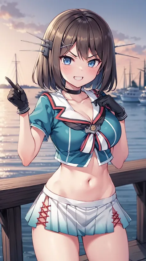 best quality, integrated scenery, integrated background, extremely delicate and beautiful, meticulous details, good composition, , cute face, perfect face, perfect hands,an anime style ,1young_teen_ girl, brown_hair, medium_bob_hair, blue_midriff_baring_s...