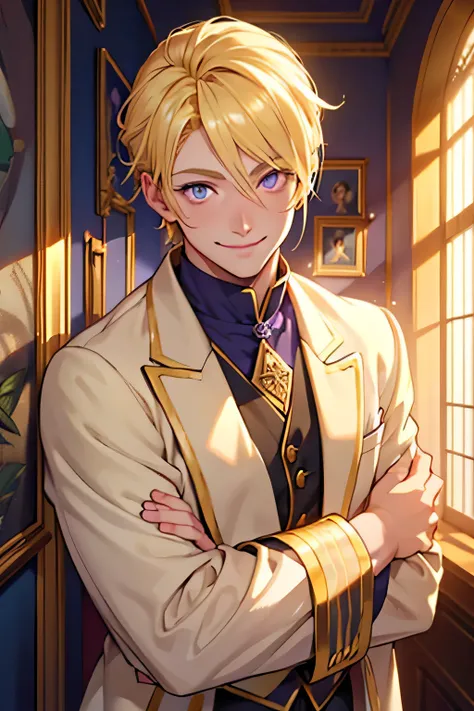  cute young boy , blonde hair, golden eyes, magic uniform ,  golden lights High resolution,  masterpiece , blonde hair, violet eyes, shy, smile ligera, smiling,  long eyelashes , smile,  The best quality , 