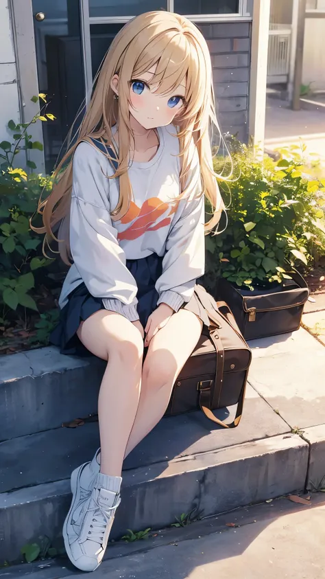  anime girl sitting on the ground with her legs crossed masterpiece、 High Resolution 、One Girl、 high school girl、 miniskirt 、 angle from the front、Im going to sit with my knees on the ground 、Looking at the camera、Embarrassed face、  cute anime illustration...