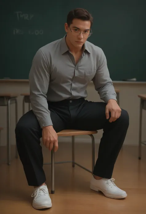 1man, asian guy, muscle (((grey buttons shirt, black trousers, white shoes))) teacher, eyeglasses, classroom background, full bo...